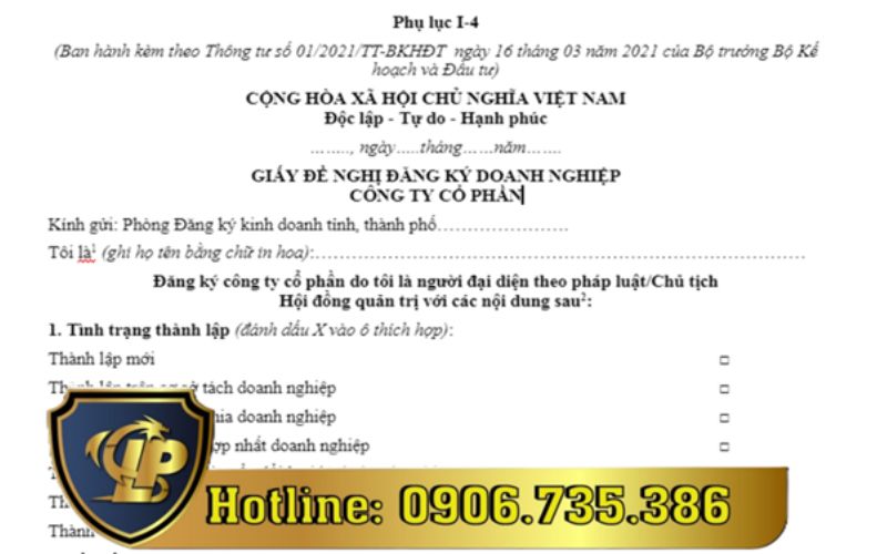 Mẫu giấy đề nghị đăng ký doanh nghiệp công ty cổ phần