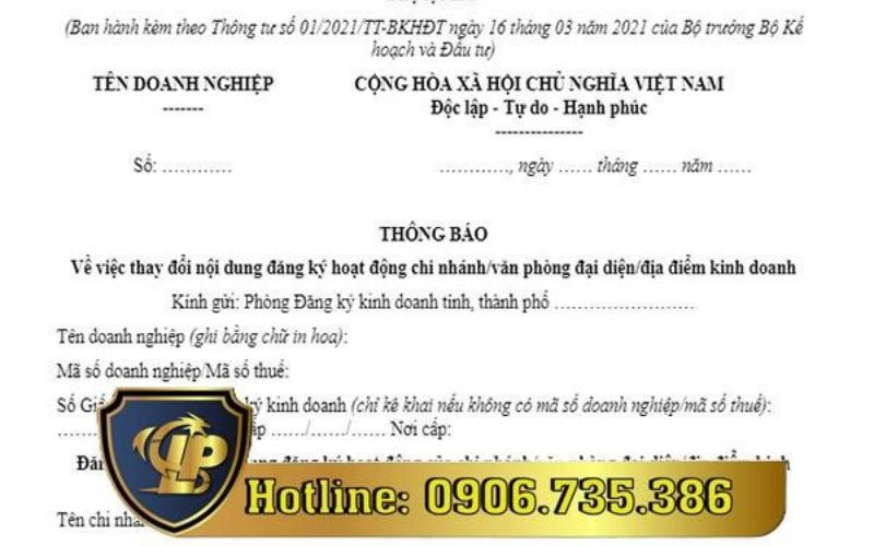 Mẫu thông báo thay đổi nội dung đăng ký hoạt động chi nhánh
