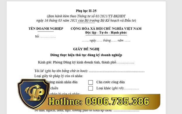 Giấy đề nghị dừng thực hiện đăng ký doanh nghiệp