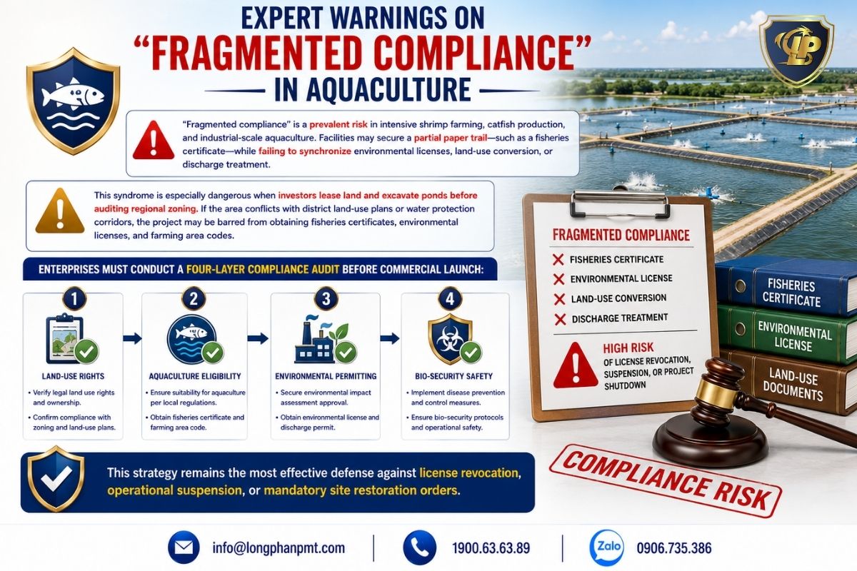 Aquaculture compliance risk infographic showing a four-layer audit for land use, farming eligibility, environmental permits, and biosecurity.