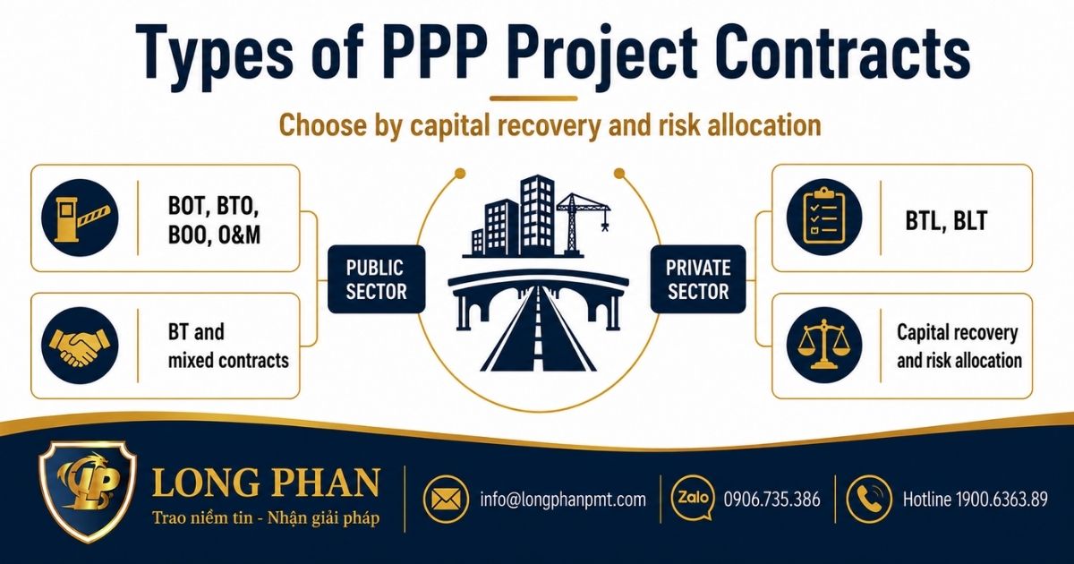 PPP project contract types including BOT, BTO, BOO, O&M, BTL, BLT and BT models.