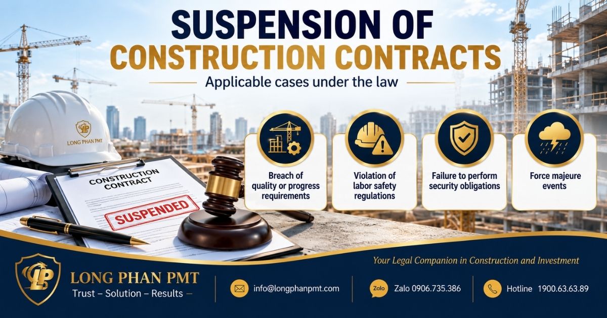 Suspension of construction contracts due to breaches, safety issues, or force majeure.