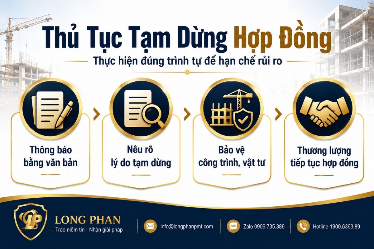 Thủ tục tạm dừng hợp đồng xây dựng gồm thông báo, nêu lý do, bảo vệ công trình và thương lượng.