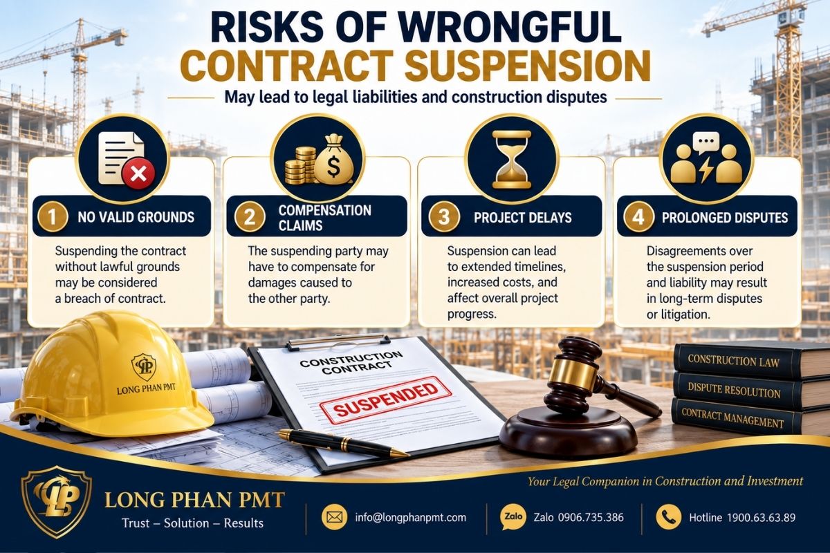Risks of wrongful contract suspension including damages and prolonged construction disputes.