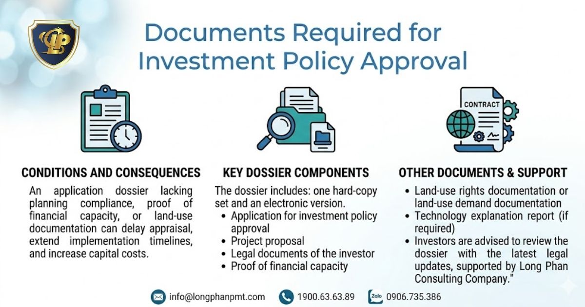 A detailed diagram showing the required documents for an investment policy approval application and common mistakes.