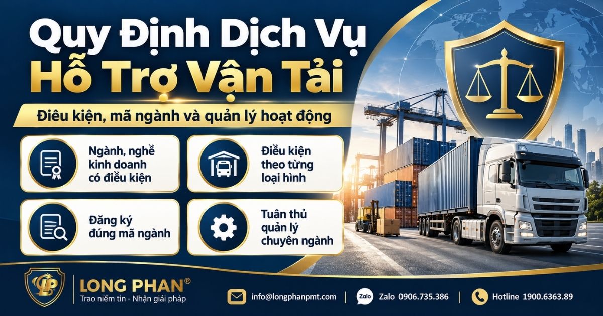 Quy định pháp luật về dịch vụ hỗ trợ vận tải, điều kiện kinh doanh, mã ngành và quản lý chuyên ngành.