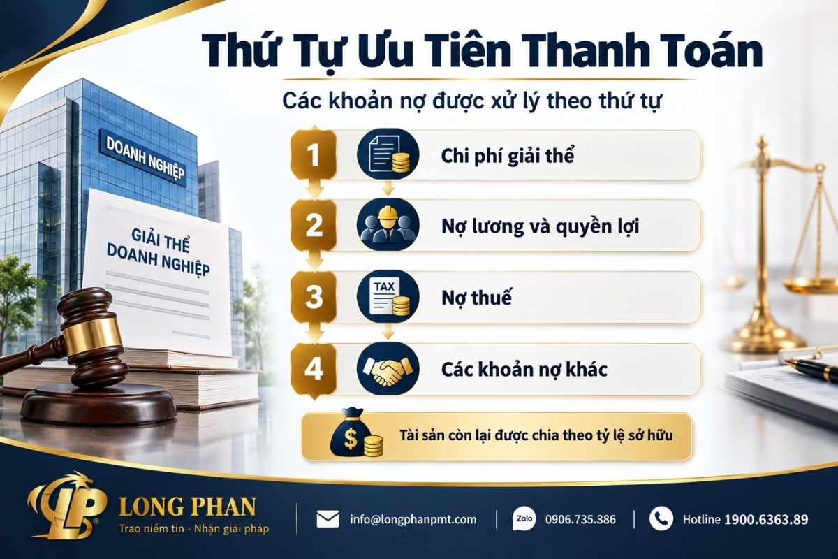 Thứ tự ưu tiên thanh toán nợ khi giải thể gồm quyền lợi người lao động, nợ thuế và các khoản nợ khác.