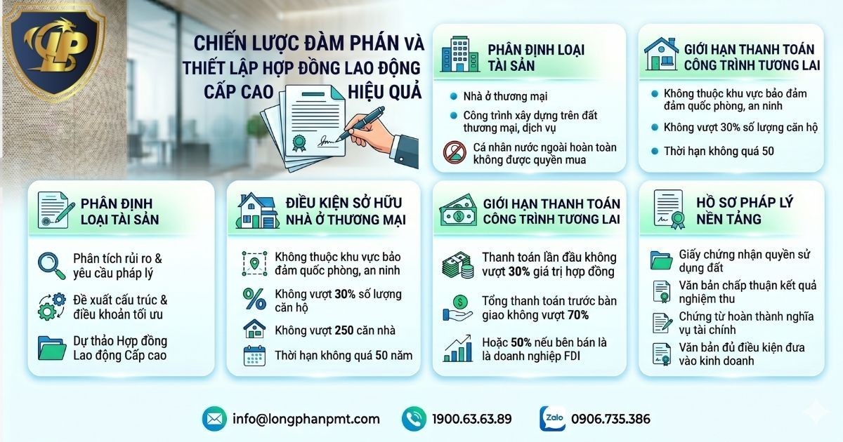 Infographic hướng dẫn chiến lược đàm phán và thiết lập hợp đồng lao động cấp cao hiệu quả.