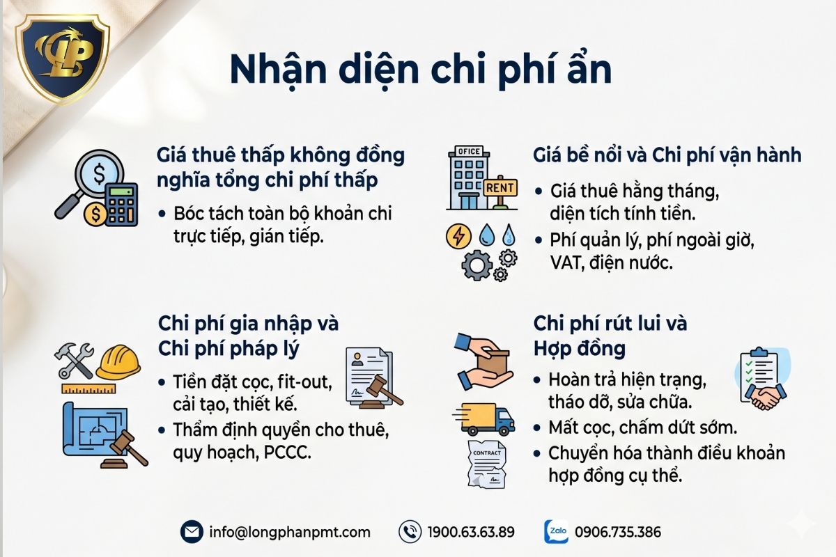 Bảng bóc tách các chi phí ẩn và tổng chi phí vận hành thực tế khi thuê mặt bằng