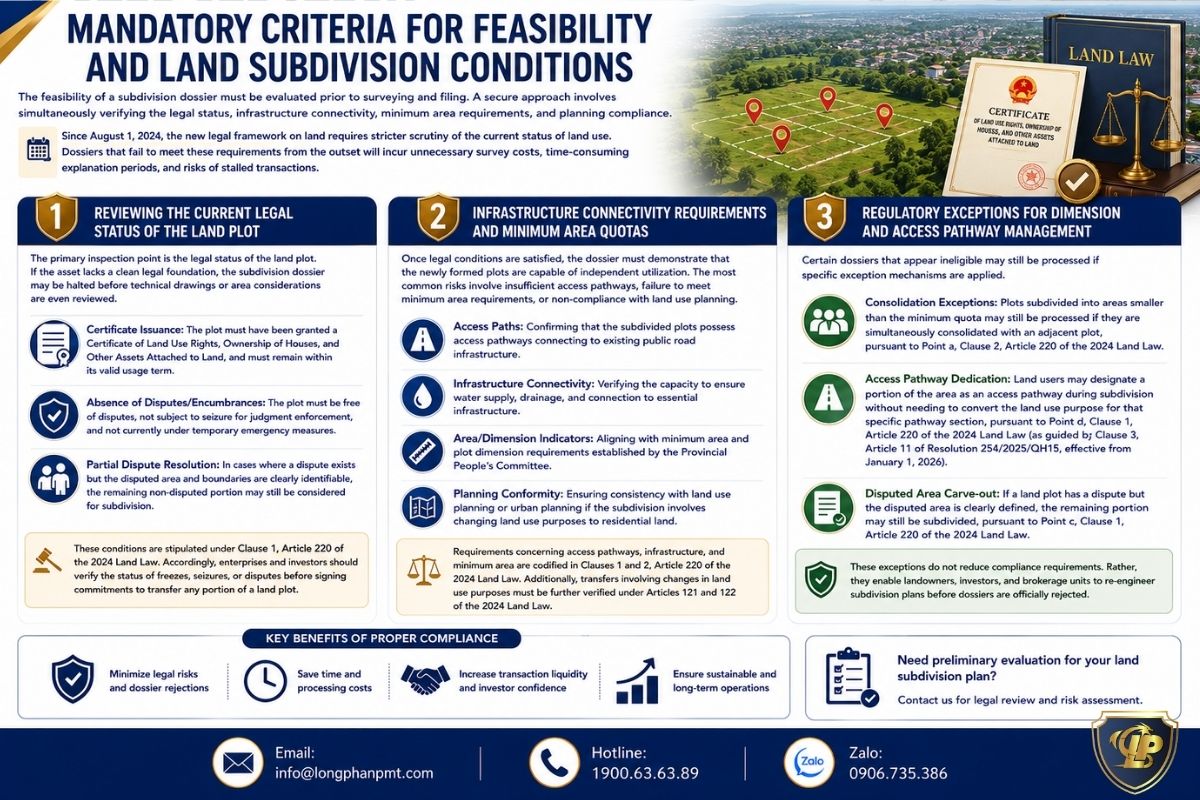 Infrastructure requirements and minimum area regulations for land subdivision.