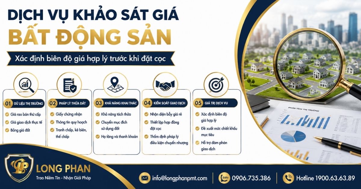 Sơ đồ 5 bước triển khai dịch vụ khảo sát giá bất động sản chuyên nghiệp.