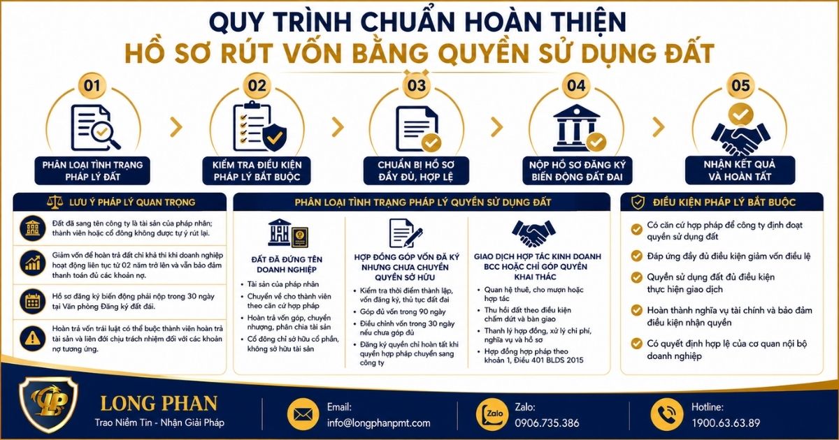 Quy trình Rút vốn bằng quyền sử dụng đất qua 5 bước thực hiện.
