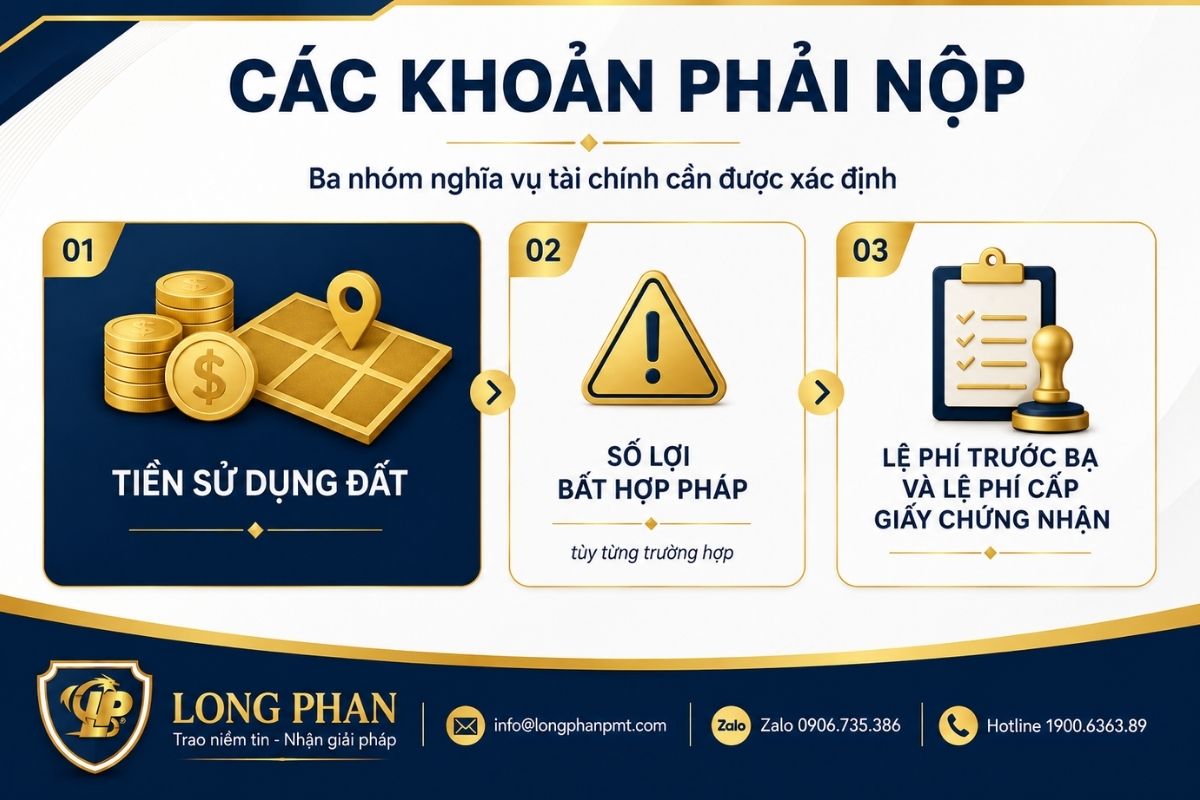 Các khoản phải nộp khi hợp thức hóa đất vi phạm gồm tiền sử dụng đất và lệ phí.