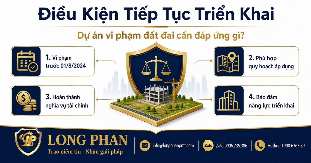 Điều kiện dự án vi phạm đất đai được tiếp tục triển khai theo chính sách áp dụng.