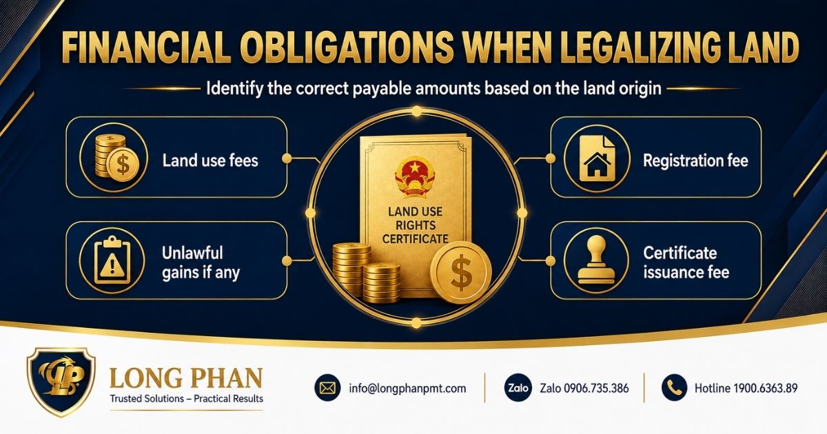 financial obligations for legalizing land violations include land fees, charges, and registration costs.