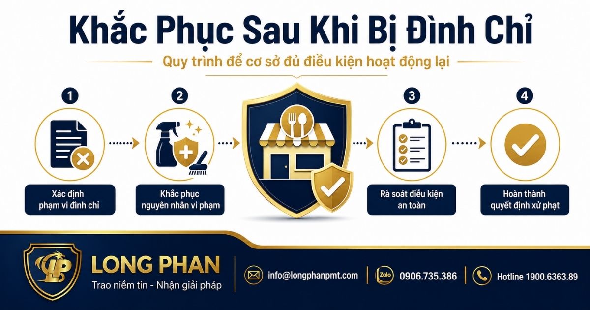 Quy trình khắc phục khi bị đình chỉ hoạt động do vi phạm an toàn thực phẩm.