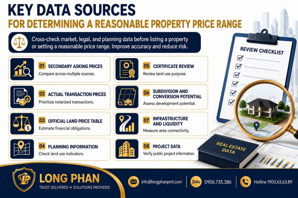Key property data sources for determining a reasonable real estate price range. 