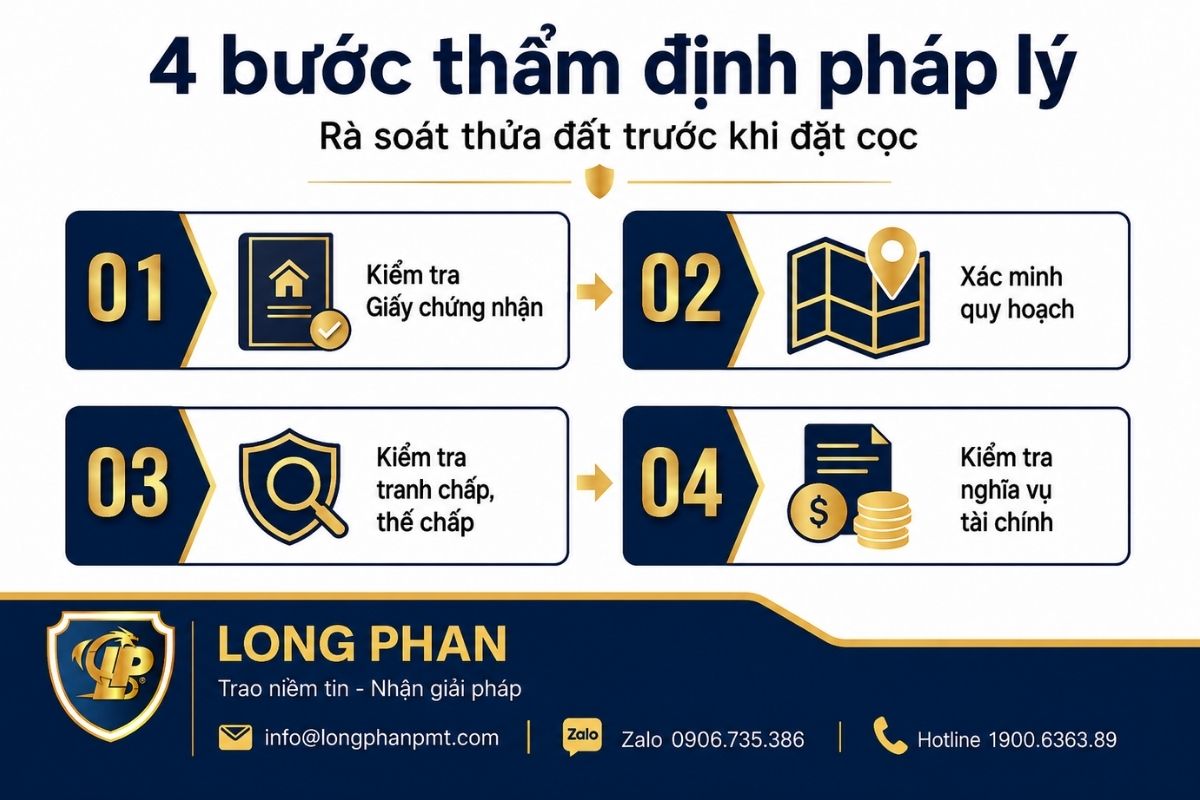 Quy trình thẩm định pháp lý đất gồm kiểm tra giấy chứng nhận, quy hoạch, thế chấp và nghĩa vụ tài chính