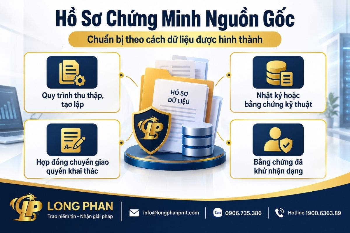 Hồ sơ chứng minh nguồn gốc và quyền khai thác dữ liệu gồm tài liệu tạo lập, chuyển giao, khử nhận dạng. 