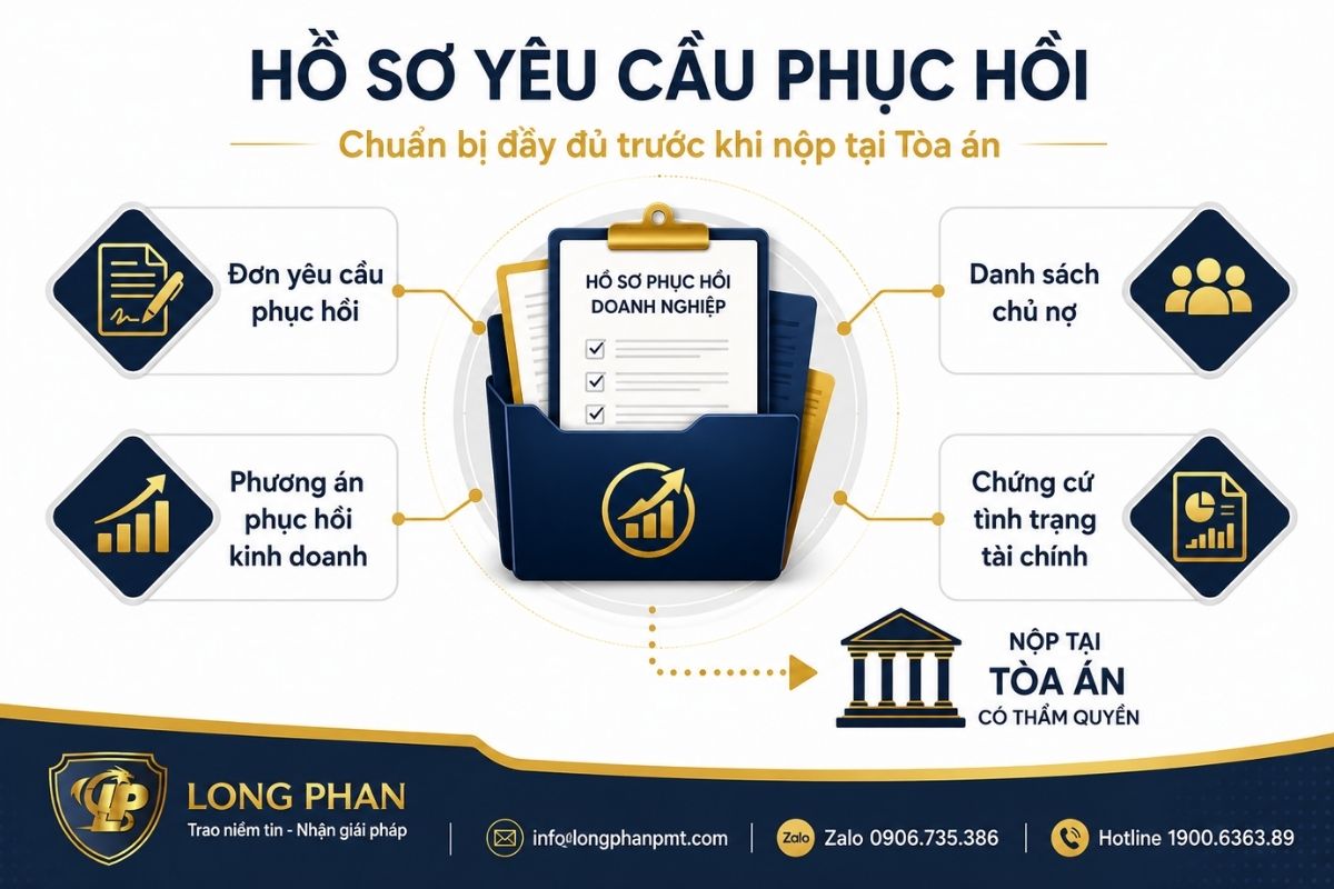 Hồ sơ thủ tục phục hồi doanh nghiệp gồm đơn, phương án, danh sách chủ nợ và chứng cứ tài chính.