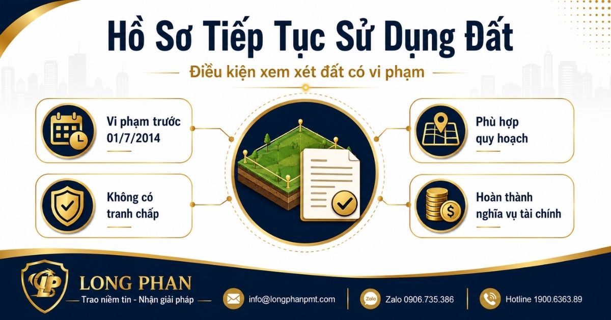 Hồ sơ đề nghị tiếp tục sử dụng đất có vi phạm cần đáp ứng thời điểm, quy hoạch và không tranh chấp.