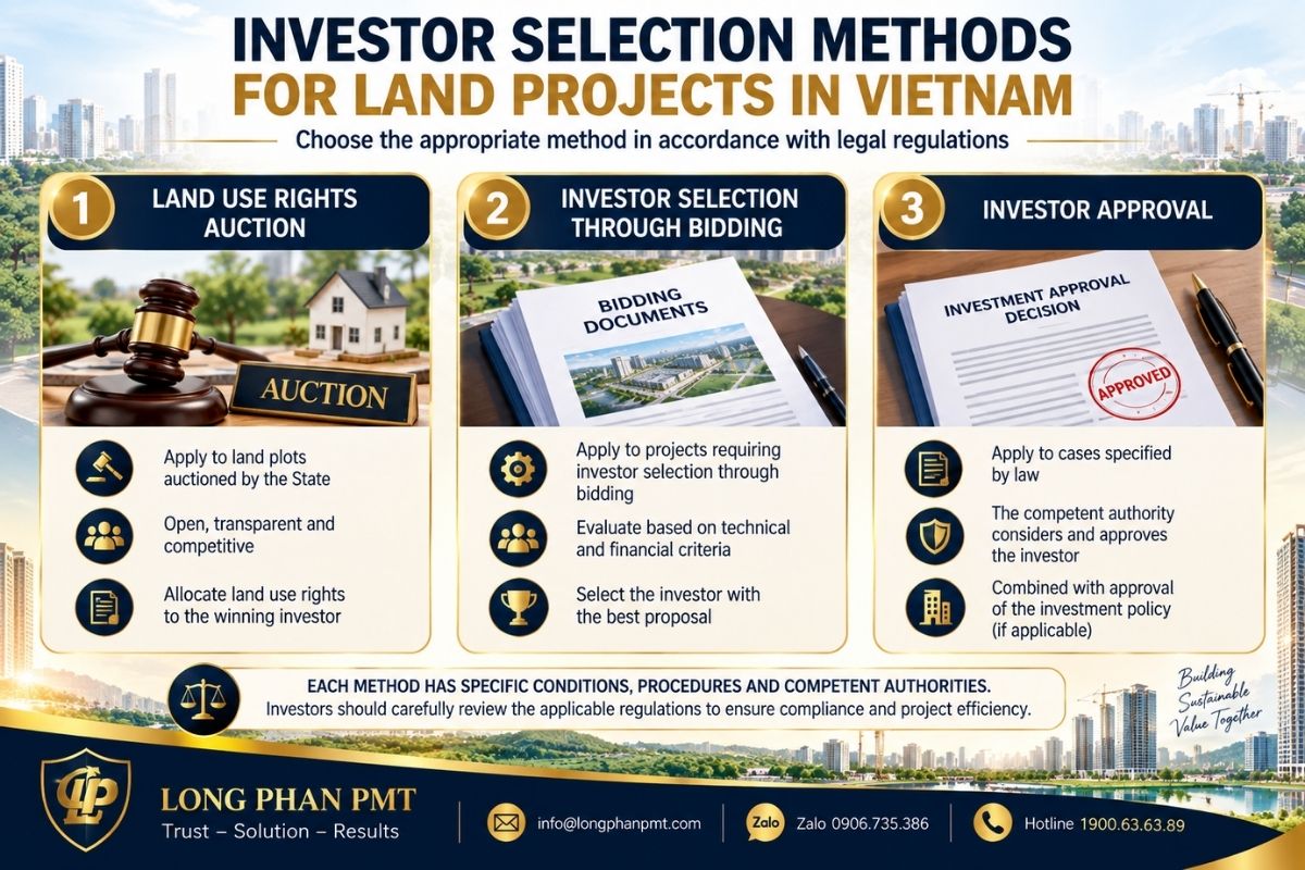 Investor selection methods for land projects through auction, bidding, or approval.