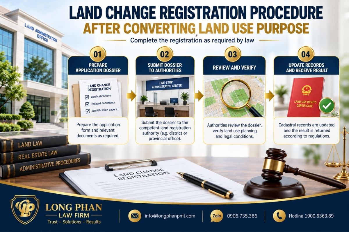 : Land change registration procedure from dossier submission to cadastral record update.