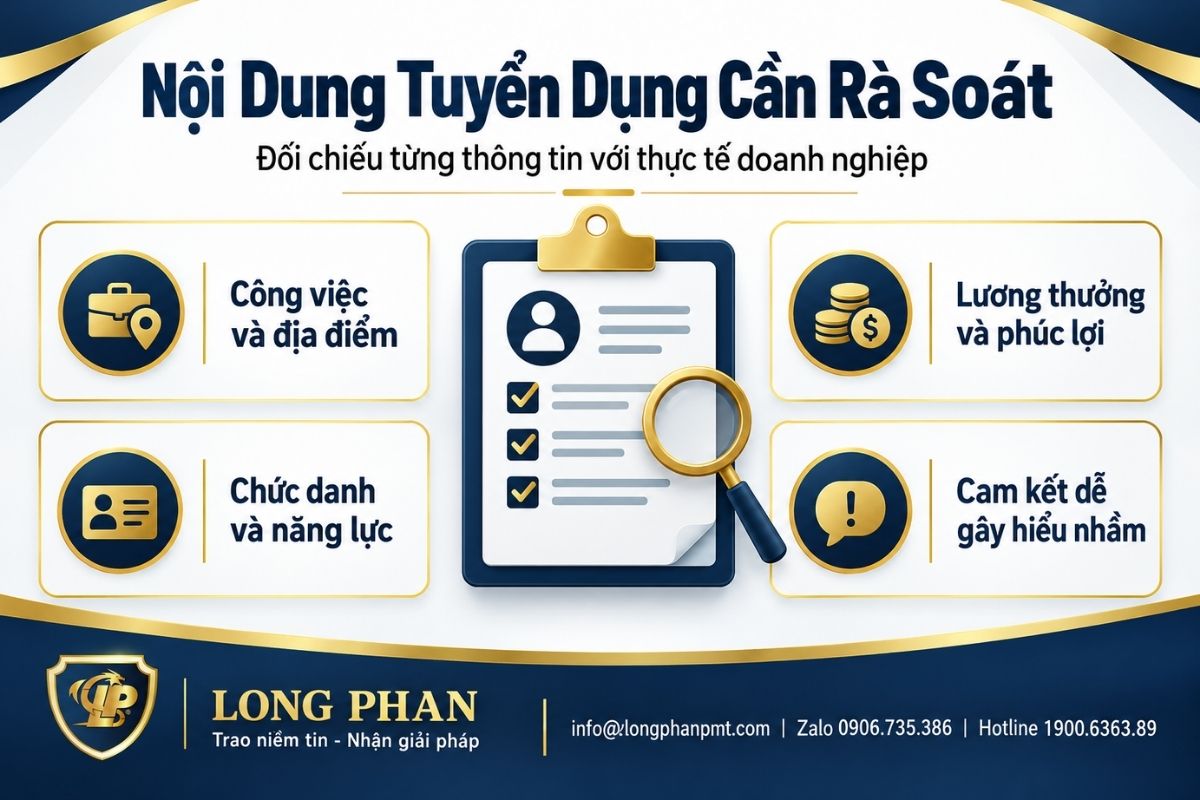 Các nội dung tuyển dụng cần rà soát gồm công việc, lương, chức danh và cam kết với ứng viên